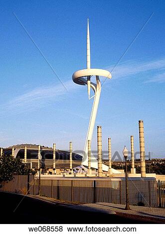 Stock Photo - Communications tower by Santiago Calatrava and Palau Sant Jordi sports arena by Arata Isozaki, Montjuich Olympic area. Barcelona. Spain. Fotosearch