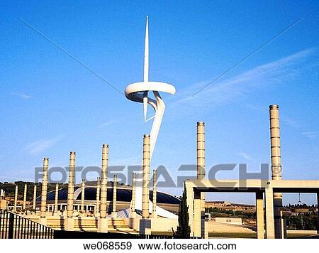 Communications tower by Santiago Calatrava and Palau Sant Jordi sports arena by Arata Isozaki, Montjuich Olympic area. Barcelona. Spain View Large Photo Image Stock Photo - Communications tower by Santiago Calatrava and Palau Sant Jordi sports arena by Arata Isozaki, Montjuich Olympic area. Barcelona. Spain. Fotosearch