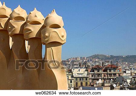 Detail of chimneys of La Pedrera (aka Mila House) by Gaudi, Barcelona. Catalonia, Spain View Large Photo Image Picture - Detail of chimneys of La Pedrera (aka Mila House) by Gaudi, Barcelona. Catalonia, Spain. Fotosearch