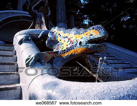 Dragon at the entrance to Park G? ell (Gaud?, 1900-1914). Barcelona. Spain View Large Photo Image Stock Photo - Dragon at the entrance to Park G? ell (Gaud?, 1900-1914). Barcelona. Spain. Fotosearch