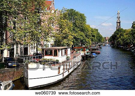 Houseboats on canal, Prinsengracht, Amsterdam, Holland, Netherlands View Large Photo Image Stock Photo - Houseboats on canal, Prinsengracht, Amsterdam, Holland, Netherlands. Fotosearch