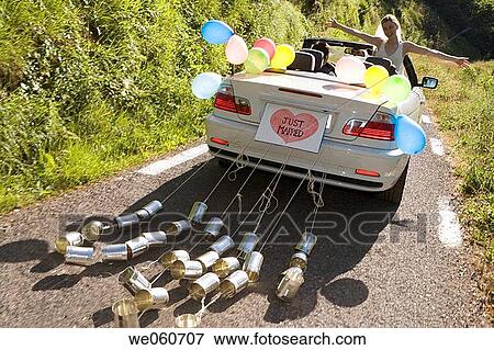 Just Married. Convertible car with tin cans. Gipuzkoa, Euskadi. View Large Photo Image Stock Photo - Just Married. Convertible car with tin cans. Gipuzkoa, Euskadi.. Fotosearch