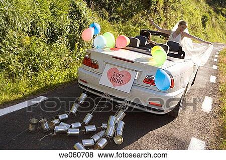 Just Married. Convertible car with tin cans. Gipuzkoa, Euskadi. View Large Photo Image Stock Photo - Just Married. Convertible car with tin cans. Gipuzkoa, Euskadi.. Fotosearch