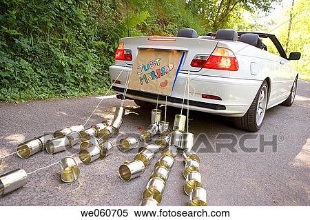 Just Married. Convertible car with tin cans. Gipuzkoa, Euskadi. View Large Photo Image Stock Photography - Just Married. Convertible car with tin cans. Gipuzkoa, Euskadi.. Fotosearch