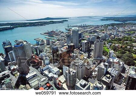 Stock Image - New Zealand, North Island, Auckland, view of downtown Auckland from the 328 metre Sky Tower. Fotosearch
