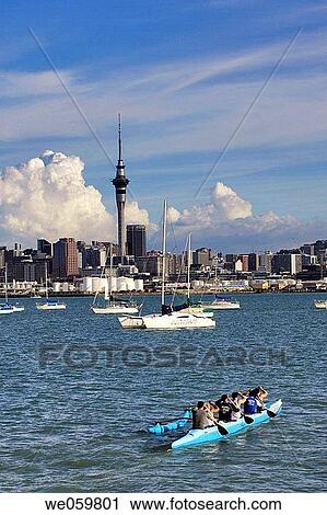 Stock Image - New Zealand, North Island, Auckland, outrigger canu at Stokes Point. Fotosearch