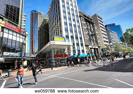 New Zealand, North Island, Auckland, view of busy Queen Street in downtown Auckland View Large Photo Image Stock Photo - New Zealand, North Island, Auckland, view of busy Queen Street in downtown Auckland. Fotosearch