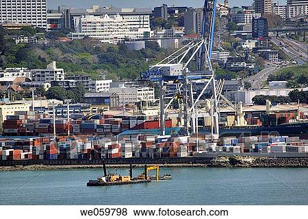 Stock Photo - New Zealand, North Island, Auckland Harbour, view of Axis Fergusson Container Terminal, harbour, port. Fotosearch
