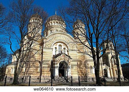 Stock Image - Orthodox Cathedral. Desing by Roberts Pflugs and Janis Baumanis. Built in 1876_84. Riga. Latvia.. Fotosearch