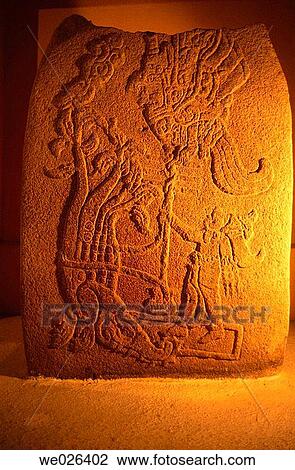Stock Image - Stela. Izapa archeological zone. Museum of Tapachula. Chiapas. Mexico. Fotosearch