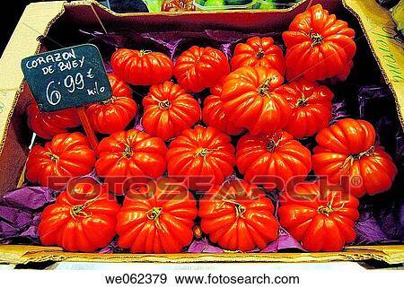 Stock Photo - Tomatoes at La Boqueria market, Barcelona. Catalonia, Spain. Fotosearch