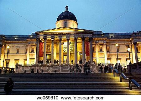 Stock Image - UK, England, London, Trafalgar Square, National Gallery at dusk (2007). Fotosearch