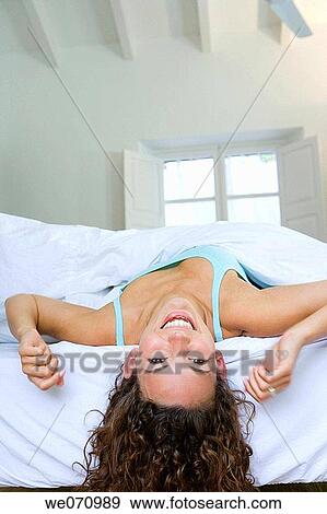 amusing, brunette, bedroom, bed, 20's View Large Photo Image Stock Photo - amusing, brunette, bedroom, bed, 20's. Fotosearch