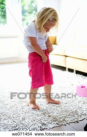 Picture - blond, ability, barefoot, baby, at-home, 3-4 years. Fotosearch