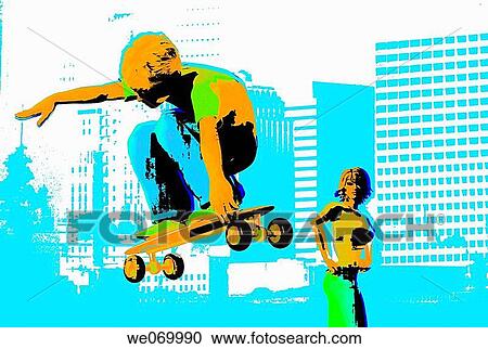 Stock Image - city, activity, child, building, boy, action. Fotosearch