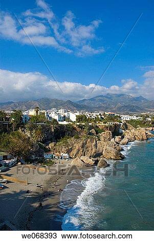 Stock Image - Europe, Spain, Andalucia, Costa del Sol, Nerja, beach from Balcon de Europa. Fotosearch