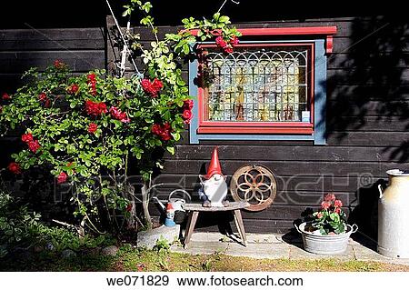 Stock Photo - Garden gnome in front of a wooden house, V? sternorrlands l? n, Sweden, Scandinavia, Europe. Fotosearch