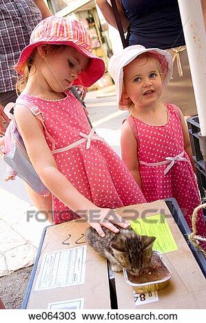 two sisters dressed the same, stroking a kitten at a street market, Provence, France View Large Photo Image Stock Image - two sisters dressed the same, stroking a kitten at a street market, Provence, France. Fotosearch