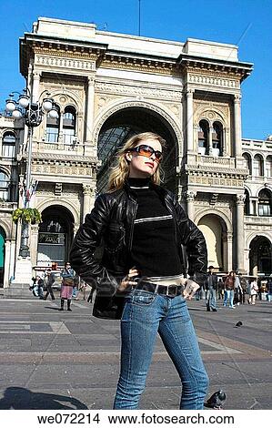 29 year old woman in front of Galleria Vittorio Emanuelle II, Piazza del Duomo, Milan. Lombardy, Italy View Large Photo Image Picture - 29 year old woman in front of Galleria Vittorio Emanuelle II, Piazza del Duomo, Milan. Lombardy, Italy. Fotosearch