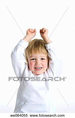 Stock Photography - amusement, boy, blond, Arms raised, 3-4 years. Fotosearch