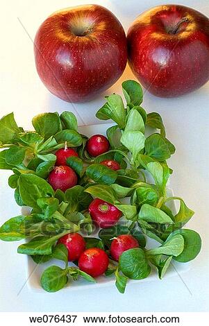 Apples (var. Red delicious), lamb's lettuce and radishes View Large Photo Image Stock Photo - Apples (var. Red delicious), lamb's lettuce and radishes. Fotosearch