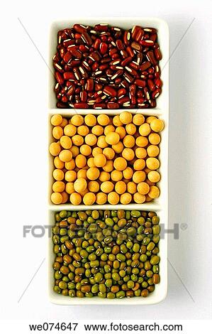 Stock Photo - Azuki beans, yellow soybeans and mung beans. Fotosearch