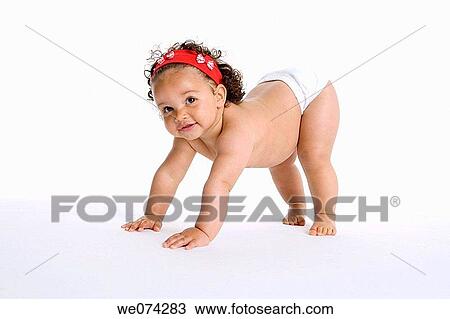 Stock Image - baby, barefoot, brunette, child, childhood. Fotosearch