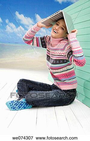 barefoot, beach, brunette, carefree View Large Photo Image Stock Photo - barefoot, beach, brunette, carefree. Fotosearch