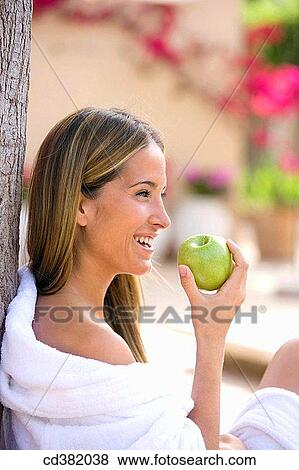 bathrobe, chestnut hair, brown hair, apple View Large Photo Image Stock Photo - bathrobe, chestnut hair, brown hair, apple. Fotosearch