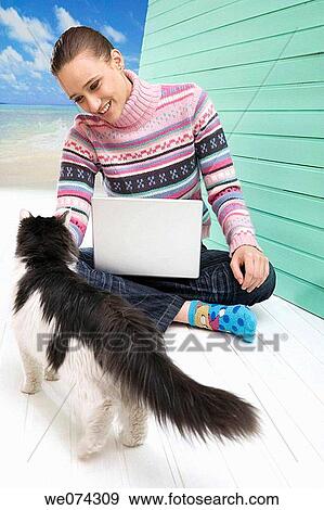 beach, cat, brunette, animal View Large Photo Image Stock Photo - beach, cat, brunette, animal. Fotosearch