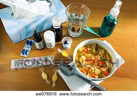 Box of tissues, cough medicine, thermometer, pills, crumpled tissues, bowl of chicken soup, arranged to represent winter illness like influenza, colds, bronchitus. View Large Photo Image Stock Photograph - Box of tissues, cough medicine, thermometer, pills, crumpled tissues, bowl of chicken soup, arranged to represent winter illness like influenza, colds, bronchitus.. Fotosearch