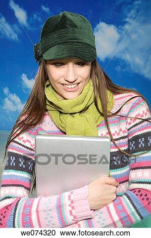 brunette, cap, computer View Large Photo Image Stock Image - brunette, cap, computer. Fotosearch
