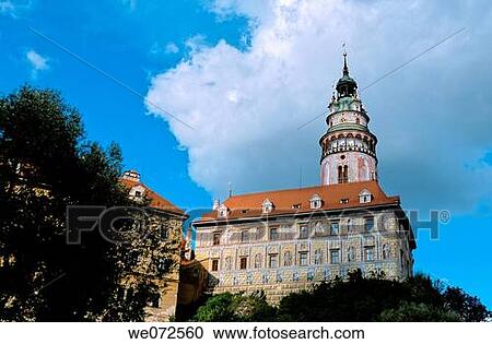Castle tower of the 18th century Krumlovsky zamek chateau rising over buildings of the Latran neighborhood in the UNESCO World Heritage town of Cesky Krumlov. Czech Republic View Large Photo Image Stock Image - Castle tower of the 18th century Krumlovsky zamek chateau rising over buildings of the Latran neighborhood in the UNESCO World Heritage town of Cesky Krumlov. Czech Republic. Fotosearch