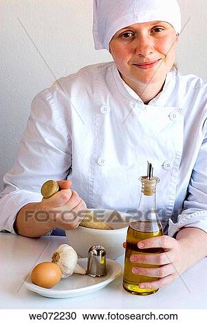Chef preparing mayonnaise View Large Photo Image Stock Image - Chef preparing mayonnaise. Fotosearch