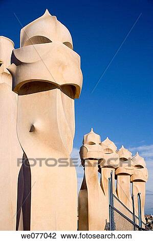 Chimneys on the roof-terrace of La Pedrera (aka Milla House) by Gaudi, Barcelona. Catalonia, Spain View Large Photo Image Stock Image - Chimneys on the roof-terrace of La Pedrera (aka Milla House) by Gaudi, Barcelona. Catalonia, Spain. Fotosearch