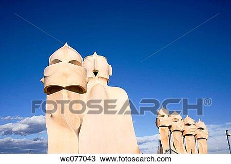 Chimneys on the roof-terrace of La Pedrera (aka Milla House) by Gaudi, Barcelona. Catalonia, Spain View Large Photo Image Stock Image - Chimneys on the roof-terrace of La Pedrera (aka Milla House) by Gaudi, Barcelona. Catalonia, Spain. Fotosearch