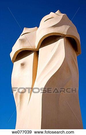 Chimneys on the roof-terrace of La Pedrera (aka Milla House) by Gaudi, Barcelona. Catalonia, Spain View Large Photo Image Stock Photo - Chimneys on the roof-terrace of La Pedrera (aka Milla House) by Gaudi, Barcelona. Catalonia, Spain. Fotosearch