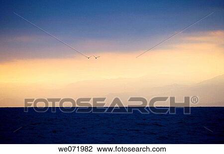 Stock Image - Dust settles over the Pacific Ocean on an overcast day. The hills of Malibu, CA can be seen over the water. View from the beach in Los Angeles, California, USA.. Fotosearch