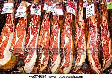 Hams for sale at La Boqueria market, Barcelona. Catalonia, Spain View Large Photo Image Picture - Hams for sale at La Boqueria market, Barcelona. Catalonia, Spain. Fotosearch