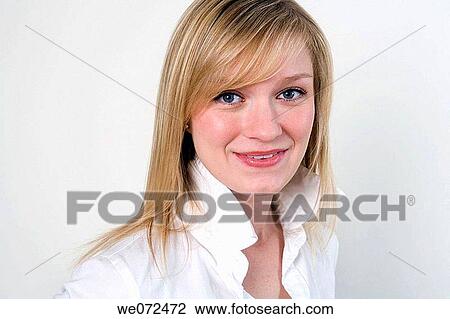 Head and shoulders studio portrait of happy young blond woman in white. View Large Photo Image Stock Image - Head and shoulders studio portrait of happy young blond woman in white.. Fotosearch