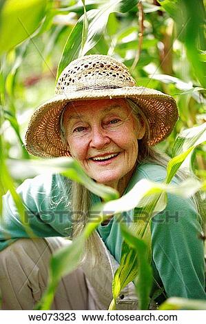 Senior woman with straw hat looking into camera sitting her corn field View Large Photo Image Stock Image - Senior woman with straw hat looking into camera sitting her corn field. Fotosearch