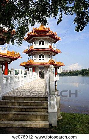 Stock Image - Twon pagodas in the Chinese gardens, Singapore. Fotosearch
