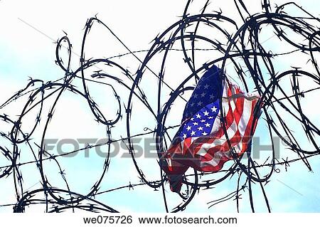 Stock Photograph - UNITED STATES FLAG. CAUGHT IN BARBED WIRE. Fotosearch