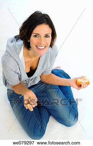 barefoot, brunette, Citrus fruit View Large Photo Image Stock Photo - barefoot, brunette, Citrus fruit. Fotosearch