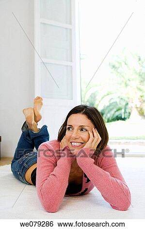 barefoot, calm, brunette, at-home View Large Photo Image Stock Photograph - barefoot, calm, brunette, at-home. Fotosearch