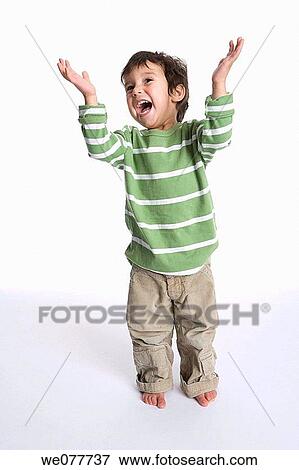Stock Photo - barefoot, child, boy, black hair, Arms raised. Fotosearch