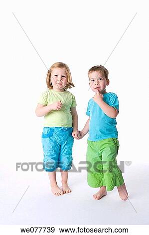 Stock Photo - barefoot, child, brother, boy, 3-4 years. Fotosearch