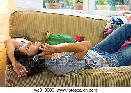 brunette, calm, calling, at-home View Large Photo Image Stock Image - brunette, calm, calling, at-home. Fotosearch