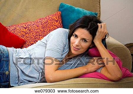 brunette, chilling out, calm, at-home View Large Photo Image Stock Image - brunette, chilling out, calm, at-home. Fotosearch