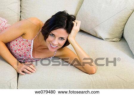 brunette, comfort, at-home View Large Photo Image Stock Image - brunette, comfort, at-home. Fotosearch